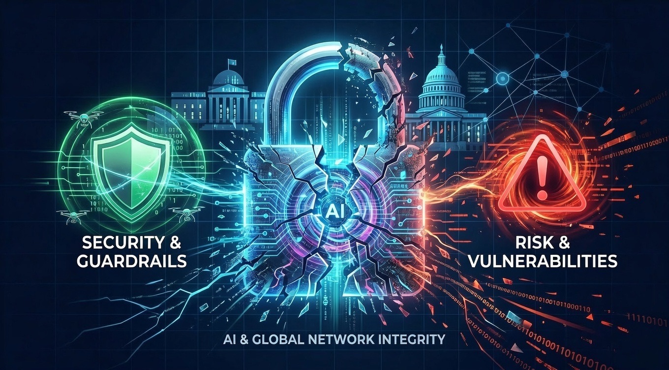 Broken AI lock with security guardrails on one side and risk vulnerabilities on the other, Capitol building in background — representing AI vendor lock-in as a national security risk
