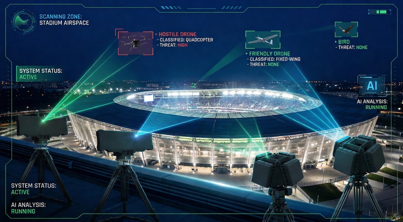Counter-drone detection systems scanning the sky with AI-powered threat classification overlays, stadium in background representing FIFA World Cup security