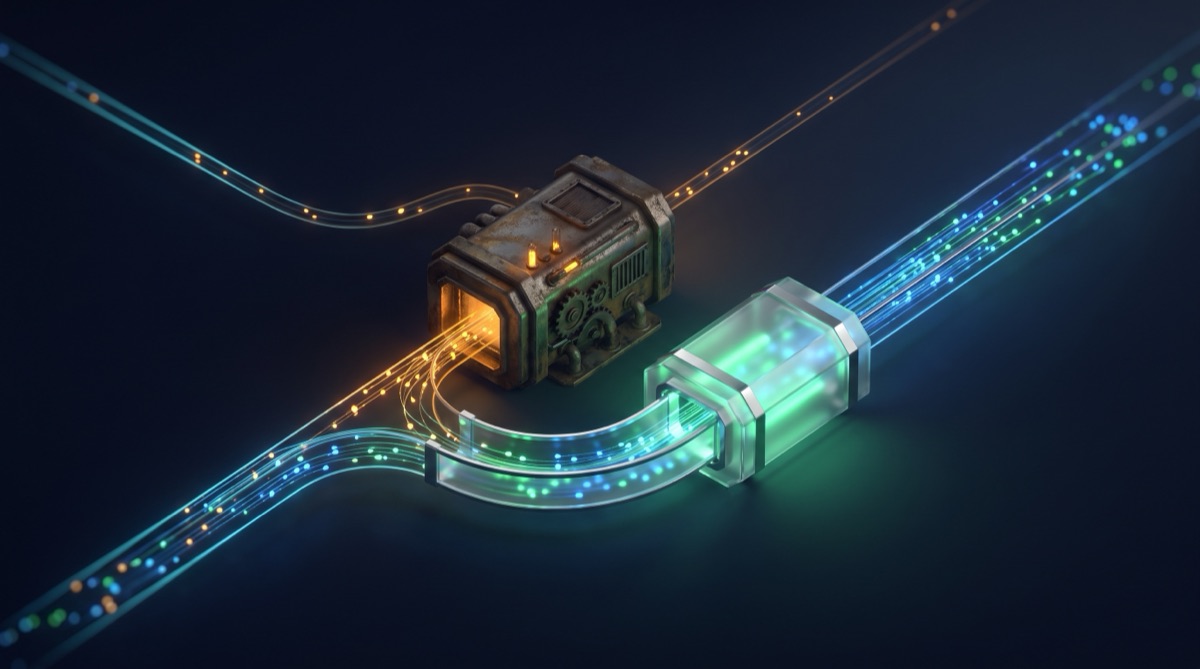 Streams of light rerouted around a dimming old amber module into a new green glass module, with a faint path still leading to the old module on standby