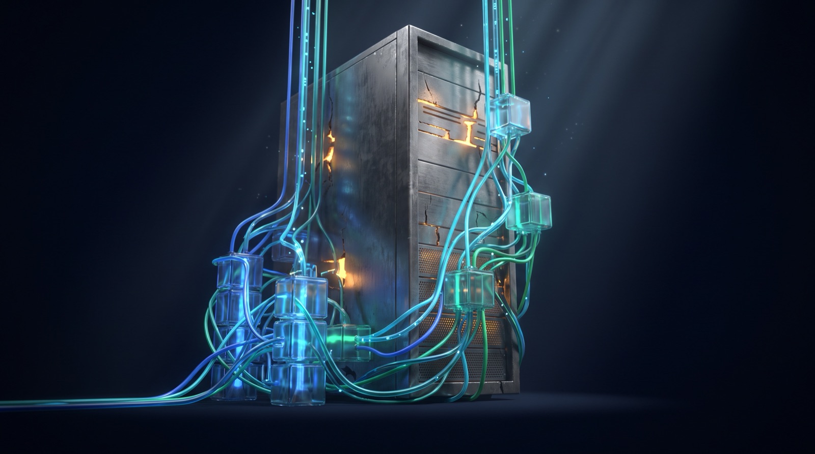 An old server tower glowing amber through its cracks, wrapped by a new lattice of glowing blue and green modules that grows around it like the roots of a strangler fig