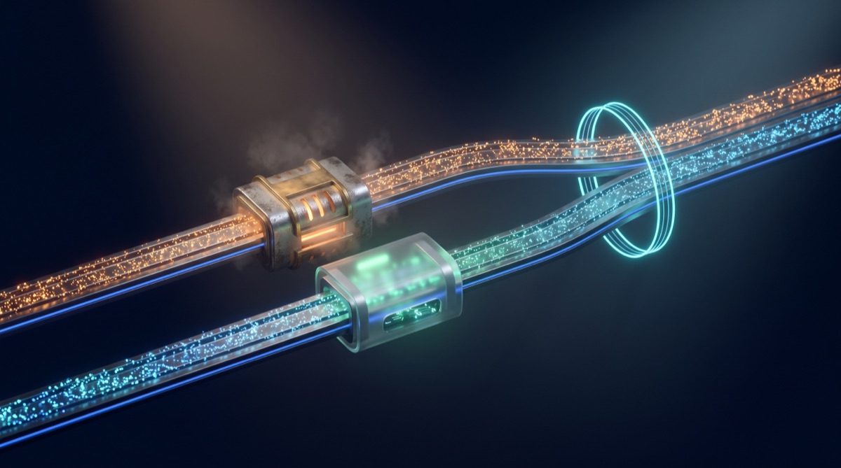 Two parallel tracks carrying the same stream of light particles, one through an old amber module and one through a new green glass module, compared as they pass through a single ring of cyan light