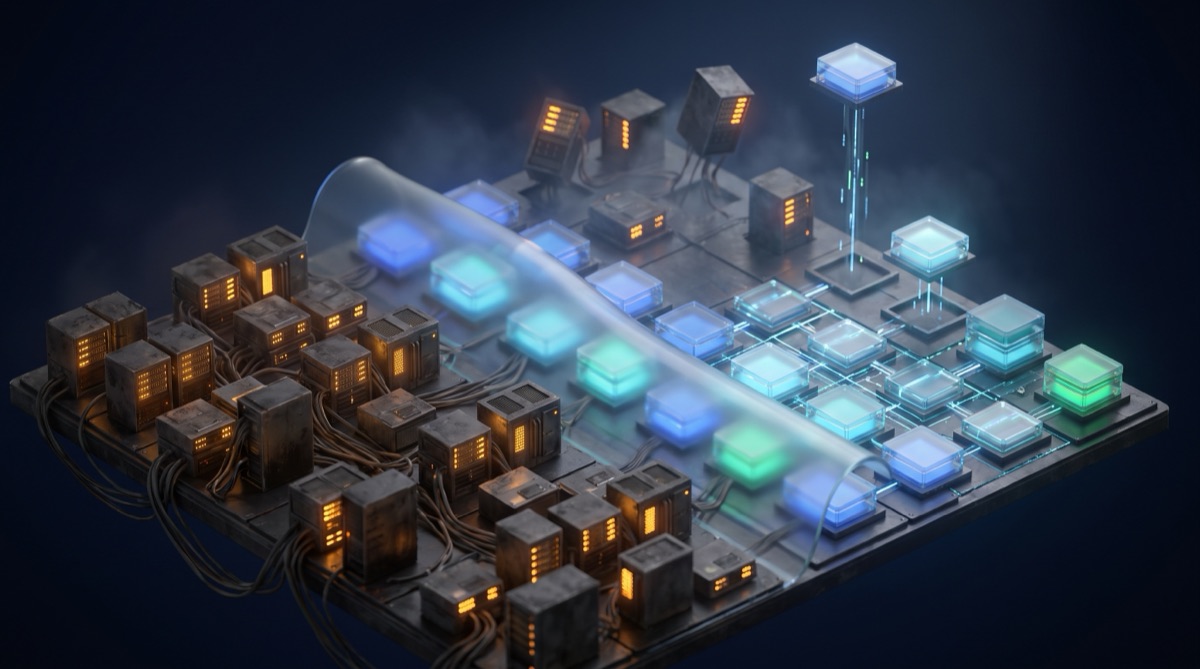 A wide platform of old amber-lit server blocks being replaced block by block by a wave of new glowing blue and green modules, with the old blocks still running ahead of the wave