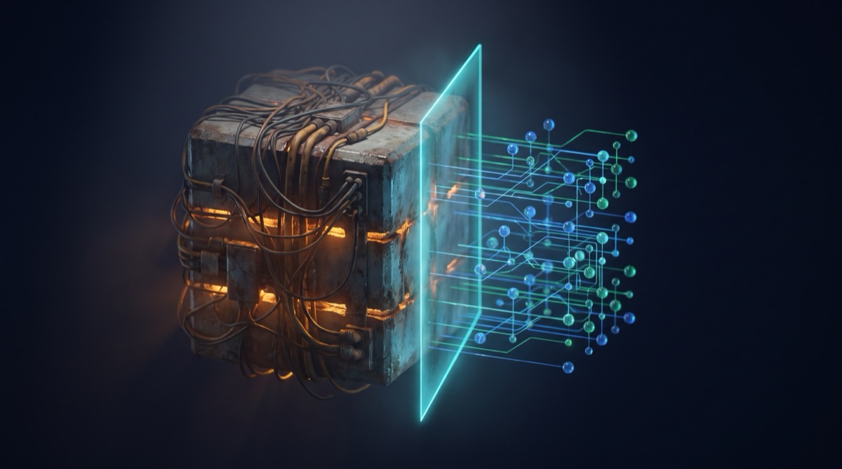 A tangled, amber-lit legacy server block passing through a plane of cyan light and coming out the other side as a clean, orderly map of connected blue and green nodes