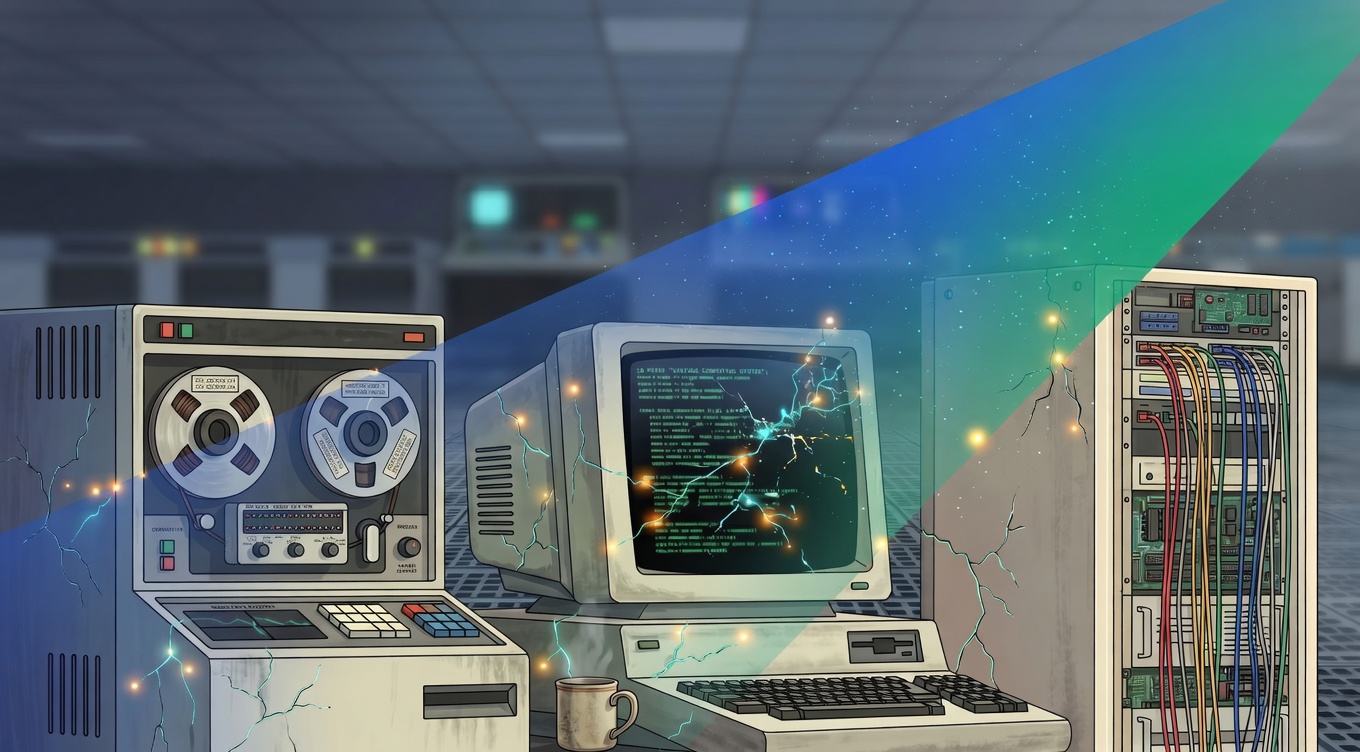 An AI light beam scanning aged server racks and code, surfacing hidden defects in legacy systems — representing how Mythos-class models illuminate dormant vulnerabilities in old software
