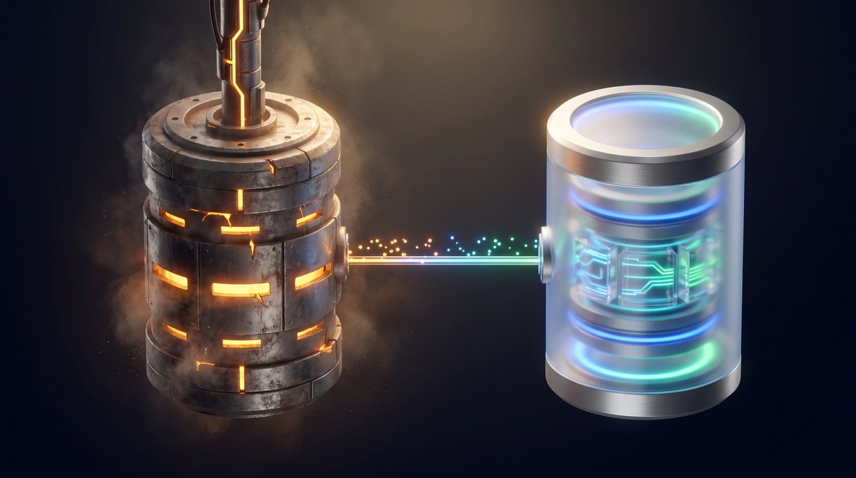 An old amber-lit data vault and a new blue and green glass data vault side by side, joined by a single one-way stream of light flowing from the old vault to the new one