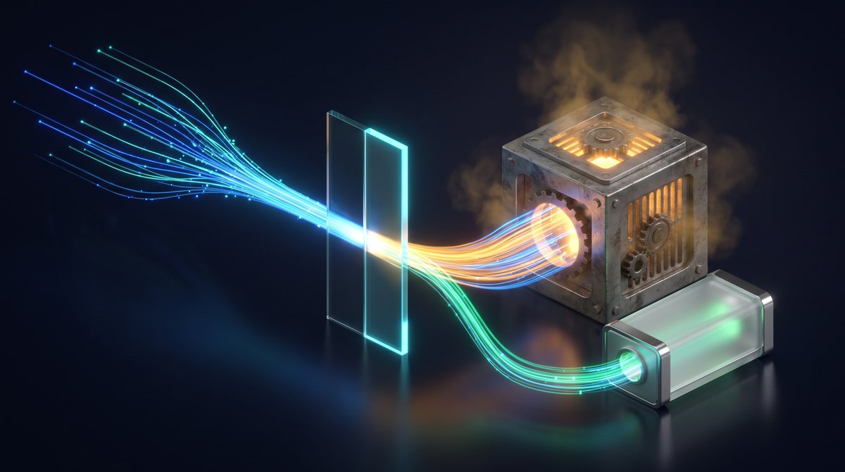 Streams of light converging on a single glass gate, which sends most of them into an old amber-lit machine and a smaller stream into a new green glass module beside it