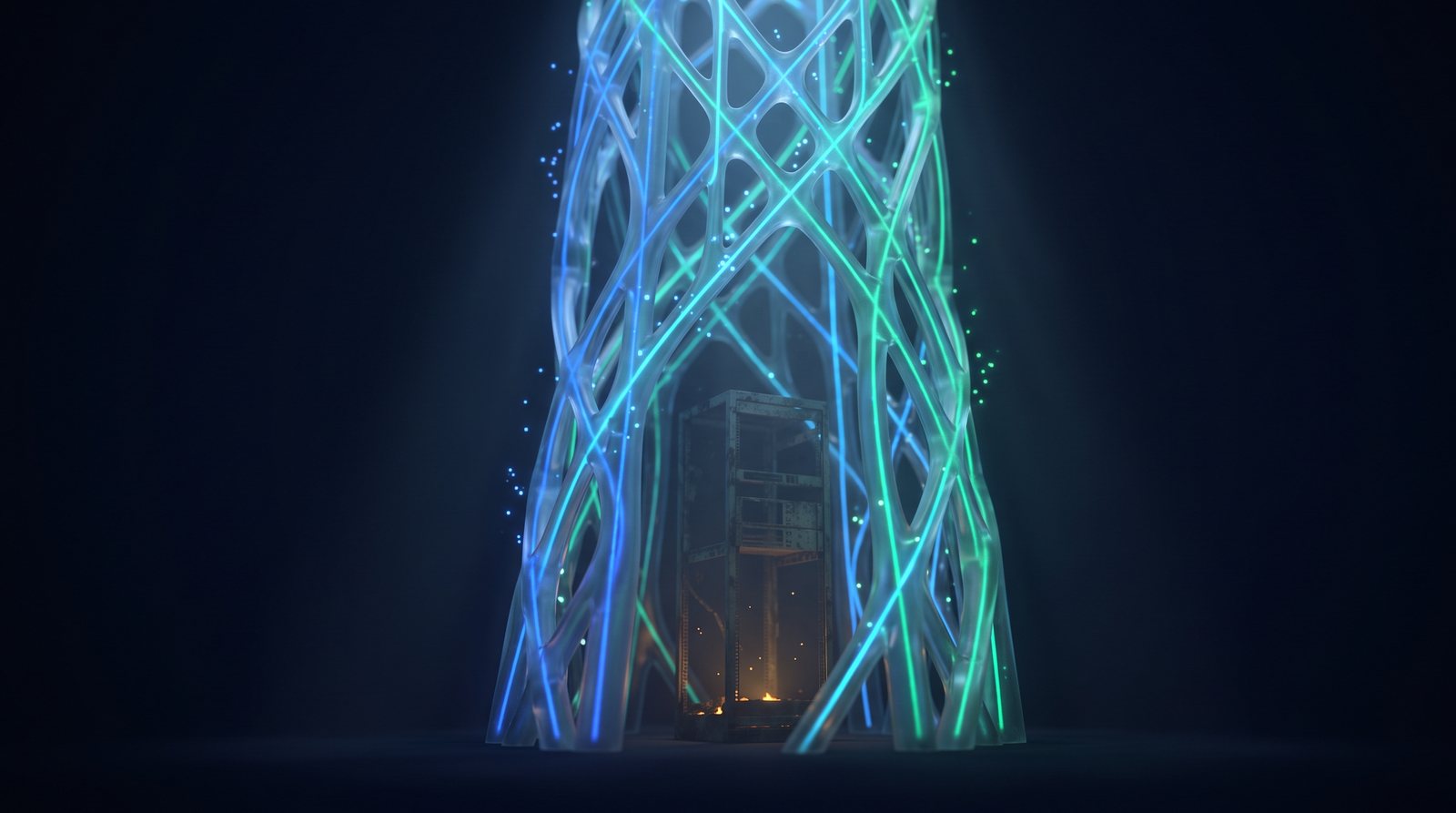 A freestanding lattice of glowing blue and green conduits, shaped like the roots of a strangler fig, with the faint outline of the old server tower it replaced fading inside it