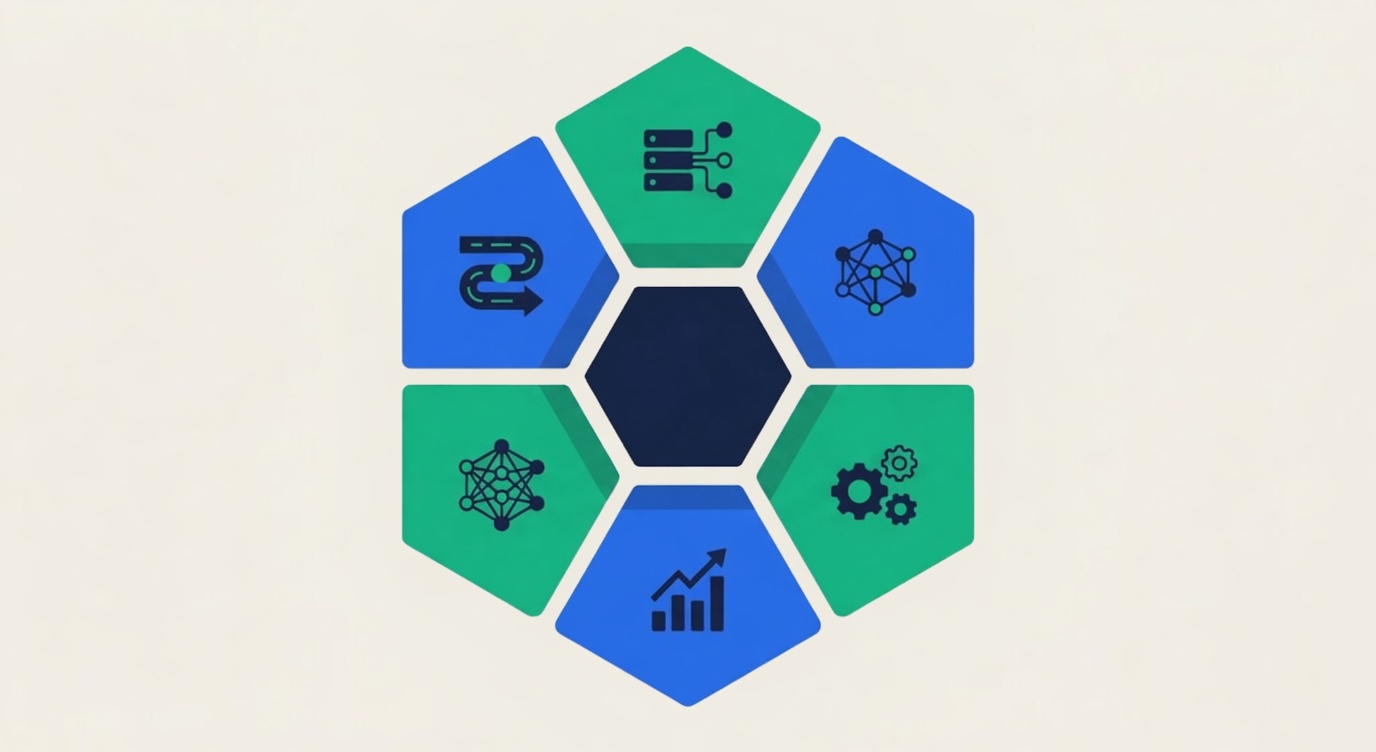 AI readiness framework — six interconnected hexagonal segments around a central core