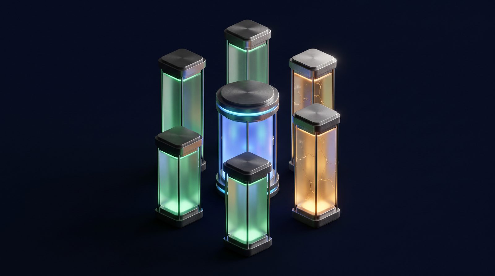 Six glass pillars around a central core, four lit green as ready and two lit amber as gaps