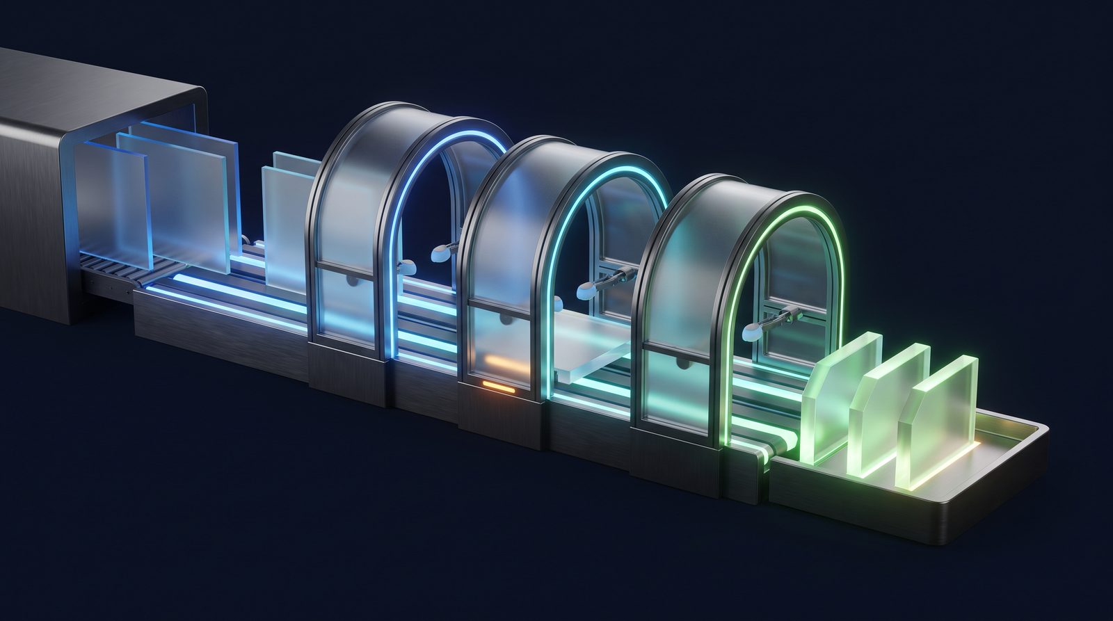 Work items passing through a series of automatic gates in a glass workflow machine and coming out finished