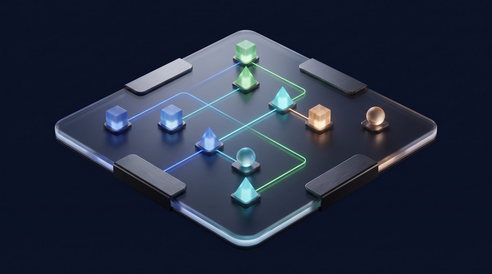 A dark glass strategy board with a few lit pieces and glowing lines mapping out the planned moves