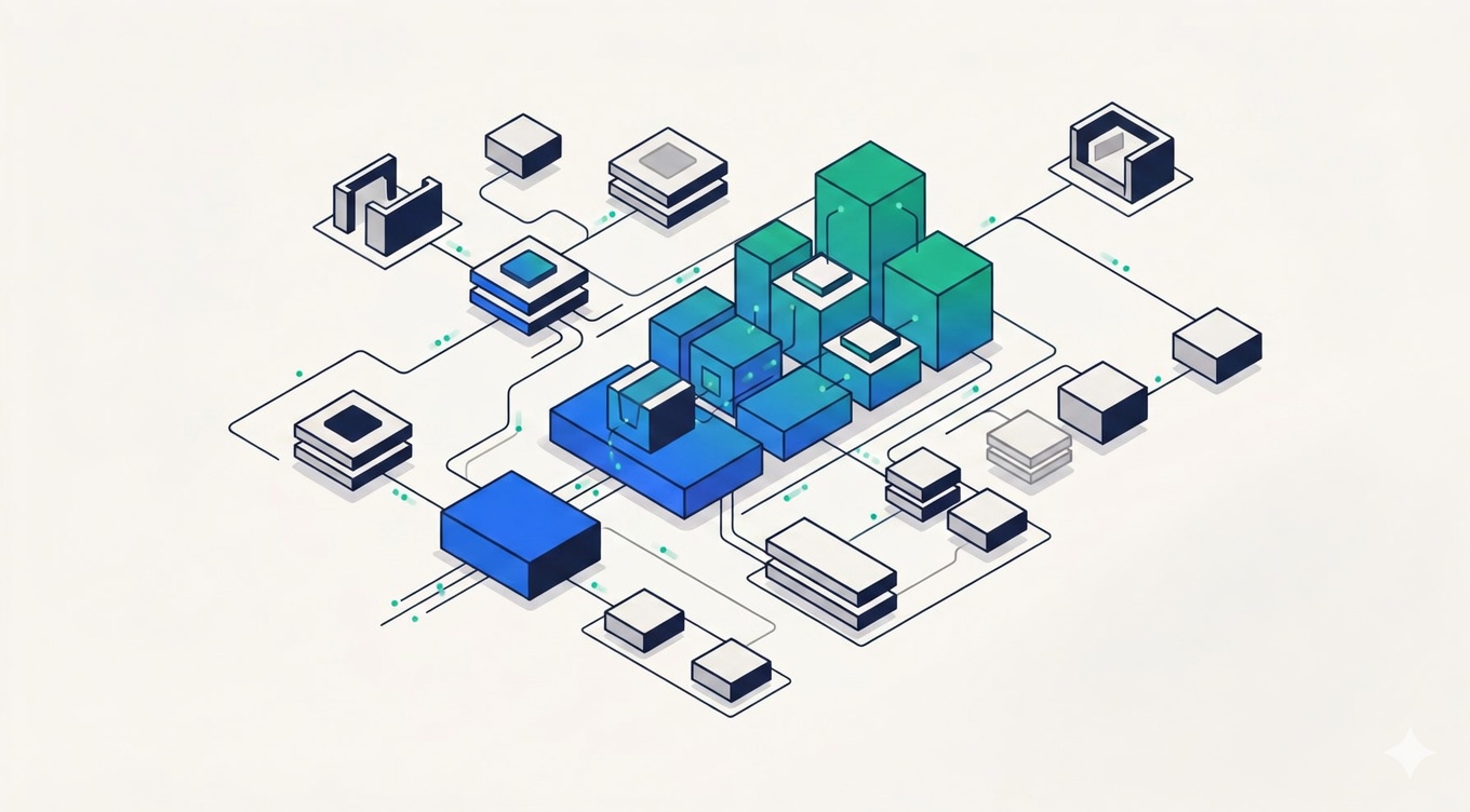 Custom build — modular geometric components assembling into a software architecture