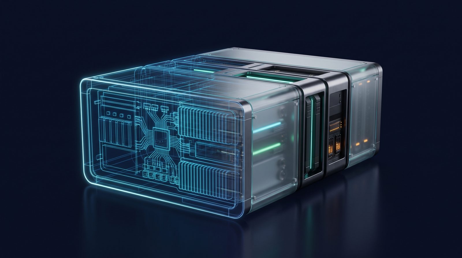 A software system drawn as a glowing blueprint on one side and fully built in glass and metal on the other