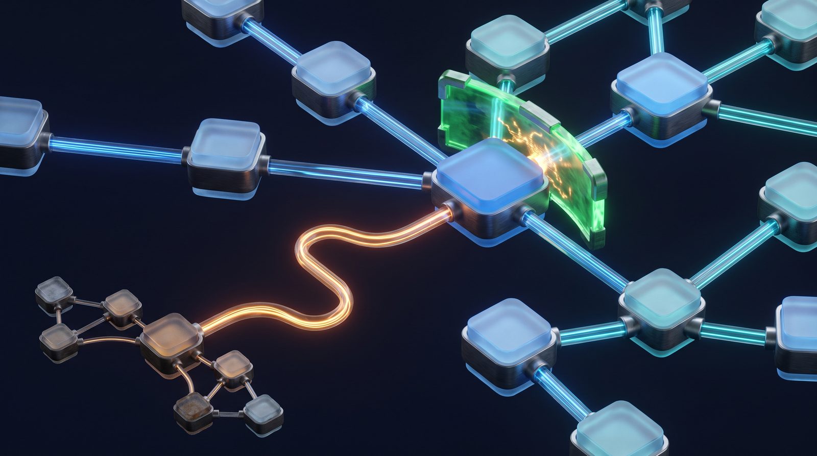 A network of glowing nodes with an attacker's amber path moving through it, stopped by a green barrier