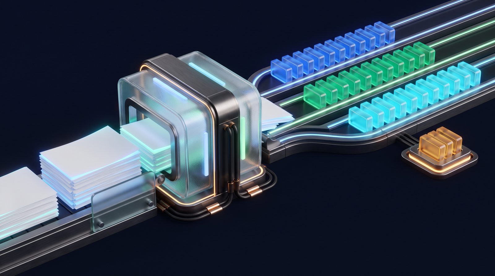 Stacks of paper feeding into a glass processing unit that sorts them into three lanes of structured data