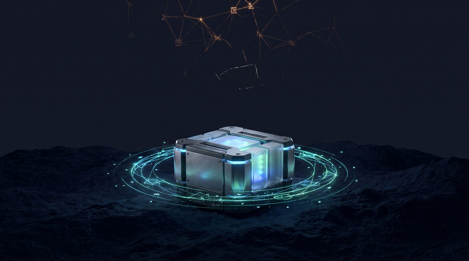 A rugged field computing unit processing data on its own on dark terrain, with broken network links fading above it