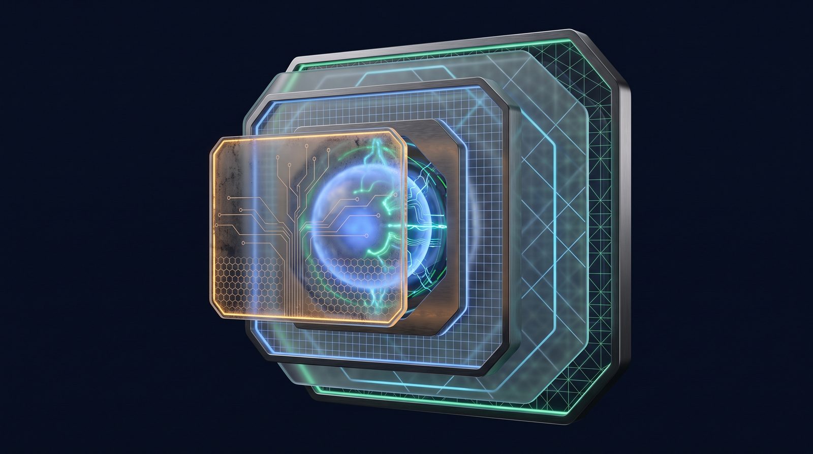 A glowing AI core enclosed by layered framework panels, each with a different precise grid pattern