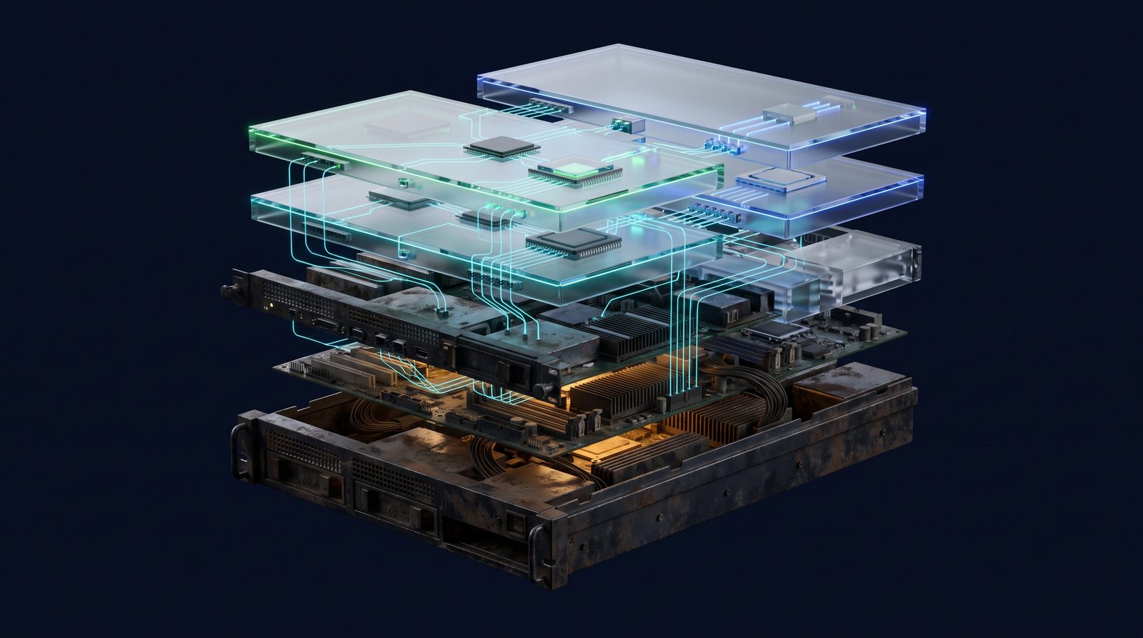 Exploded view of an aging server pulled apart layer by layer, with glowing lines tracing its connections and the upper layers rebuilt in clean glass