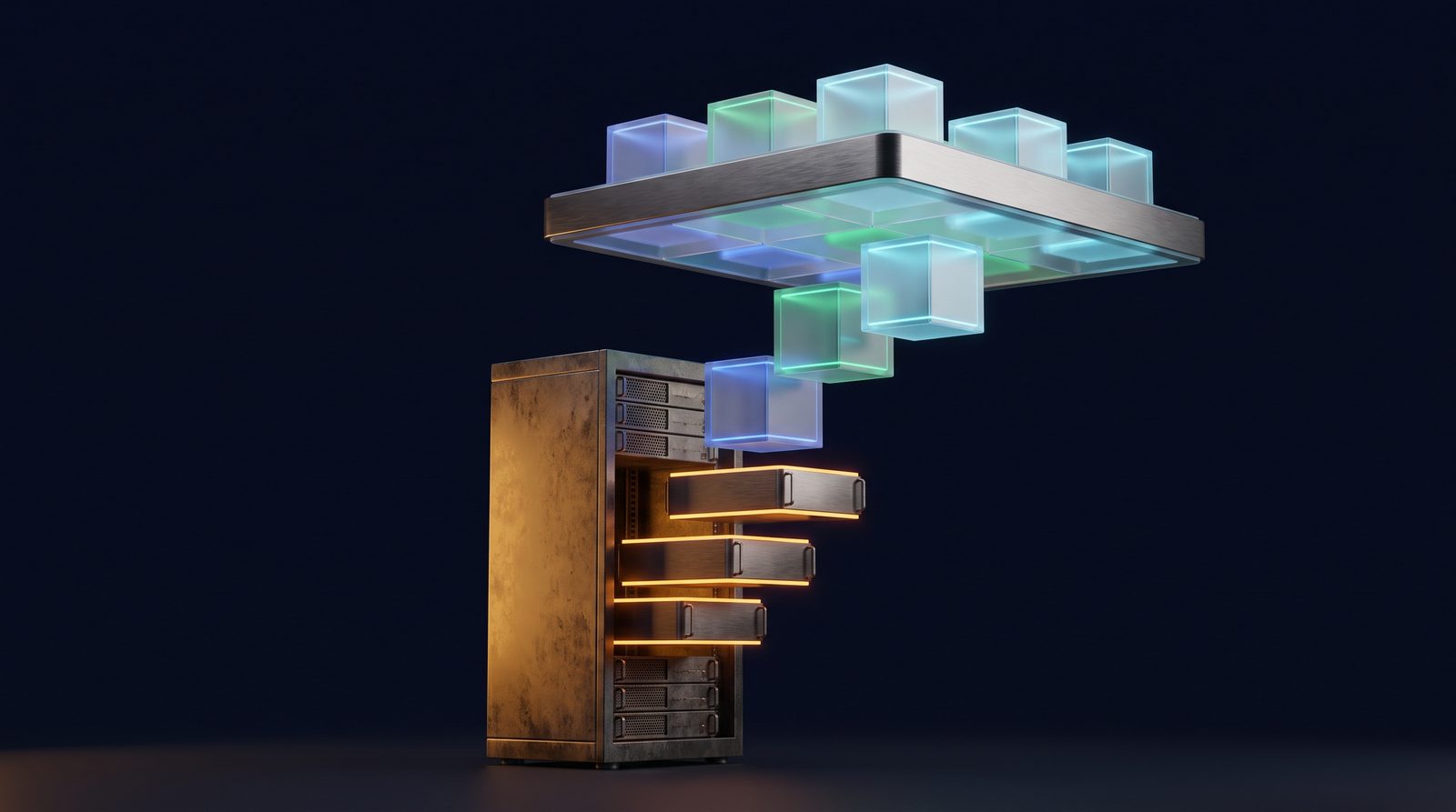 An aging, amber-lit server rack with its modules lifting out one by one and docking as clean glass cubes on a floating platform above