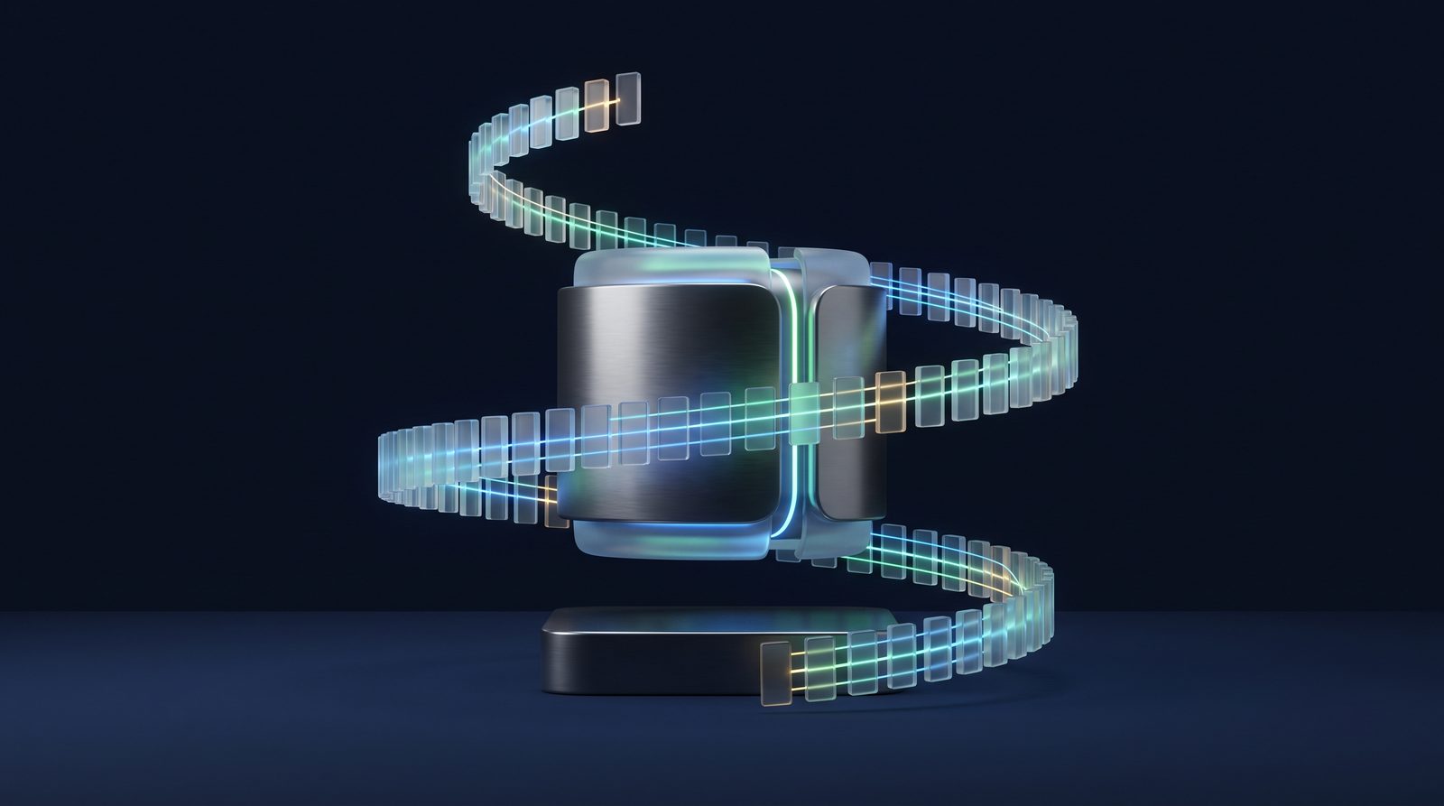 An AI core wrapped in a spiral of glass tiles, each one a recorded decision, forming a complete audit trail
