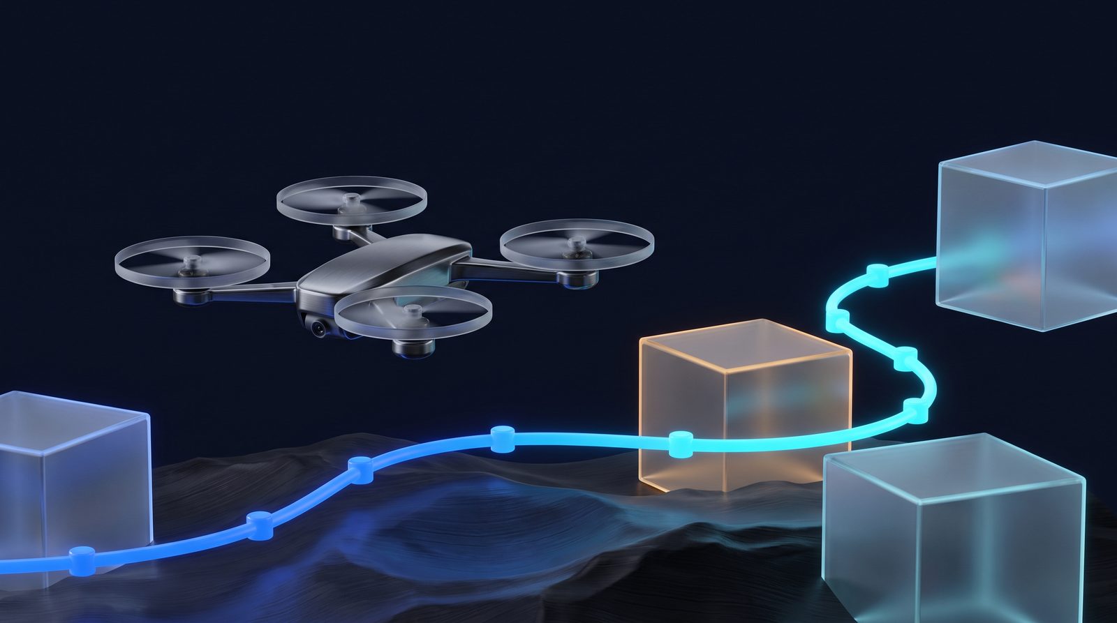 An autonomous drone following a glowing path of waypoints over dark terrain, routing around obstacle zones