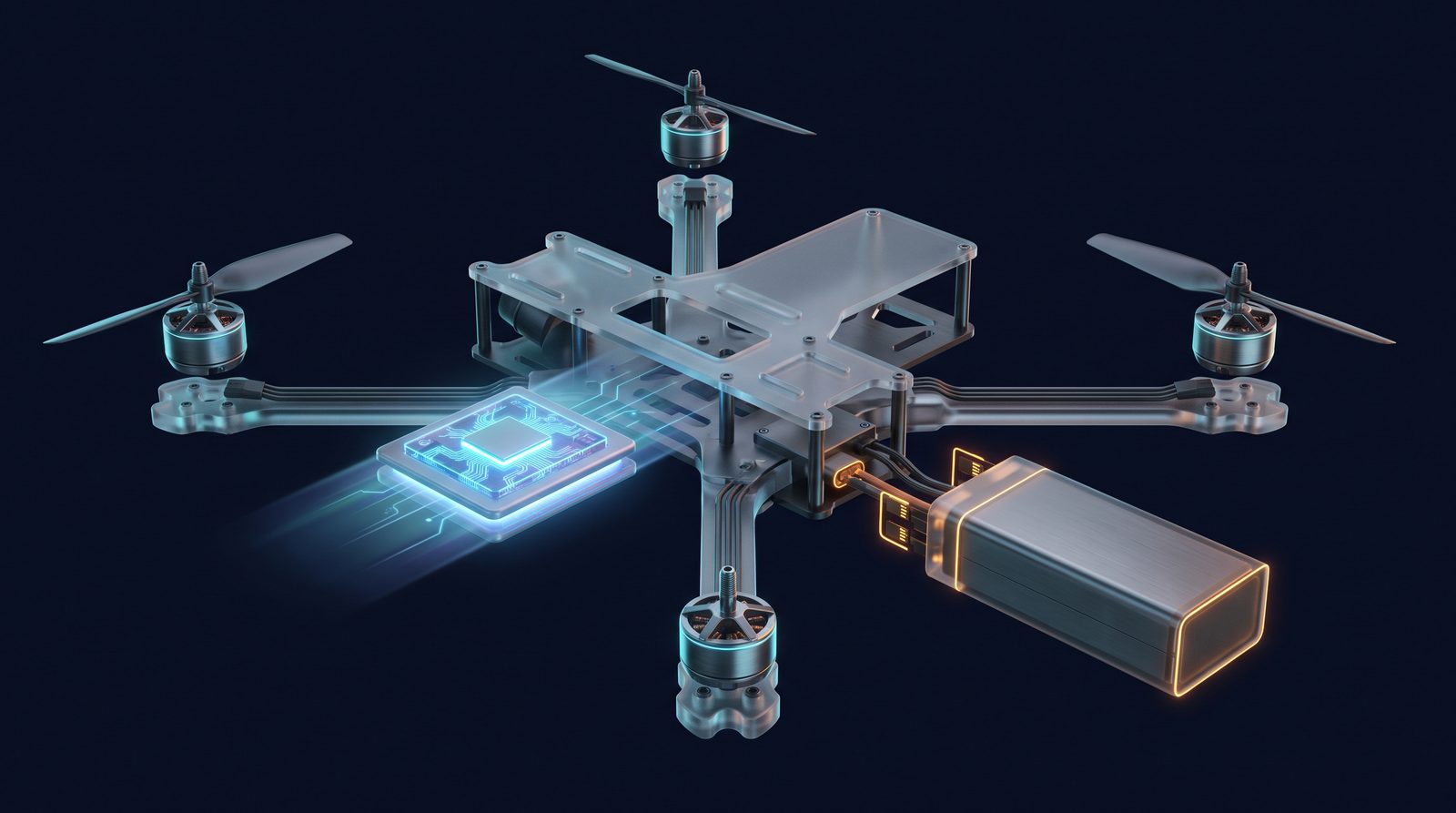 Exploded view of a drone with a glowing AI compute module sliding into its frame