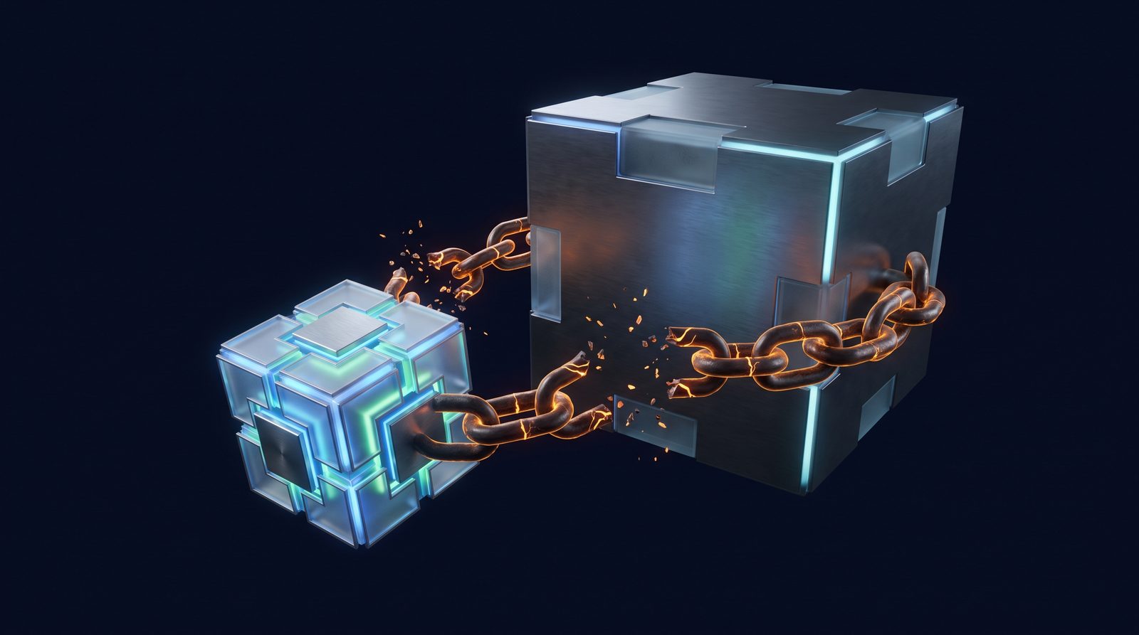 A glowing data cube breaking free of the amber chains that tie it to a heavy vendor block